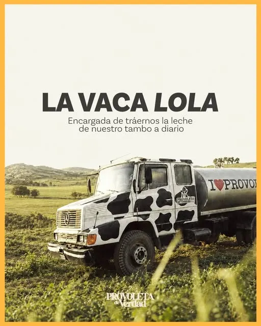 Camión cisterna pintado como vaca, que trae la leche del tambo