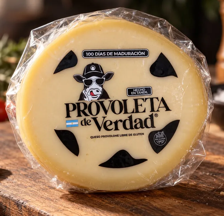 Provoleta de Verdad redonda, envasada, sobre una tabla de madera